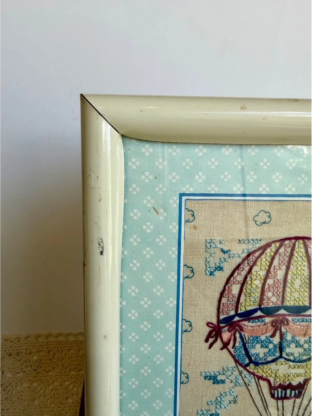 Vintage Framed Hot Air Balloon Crewel Embroidery Needlework Wall Art